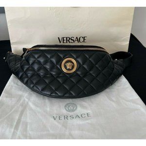 Versace Women's Medusa Quilted Leather Belt Bag Fanny Pack Black Gold